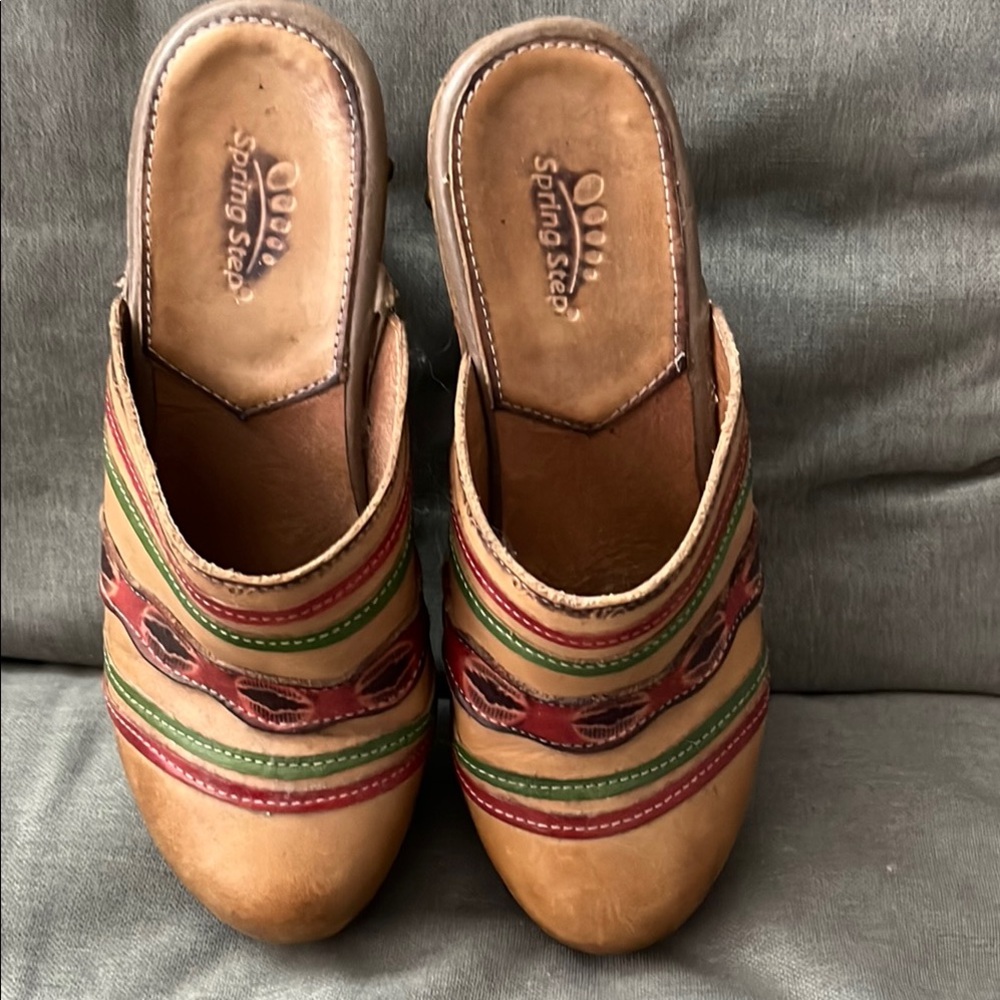 Spring Step Red and Green Mules with Striped Accents